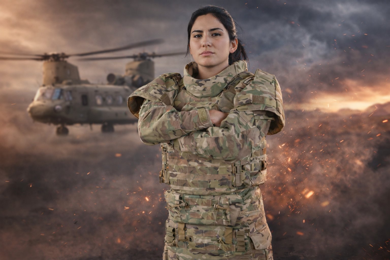 Operator wearing the TYR Tactical Female EPIC carrier with ballistic collar, upper arm and groin protection in MultiCam
