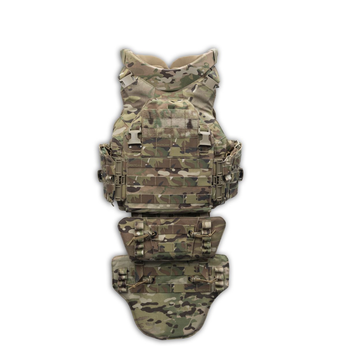 Front view of the Female EPIC carrier in MultiCam with ballistic collar and groin protector