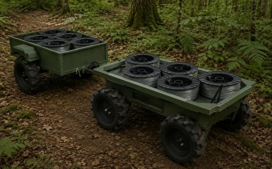 TALOS UGV 4x4 towing a six-wheel trailer loaded with cable reels through a forest