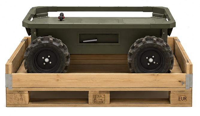 Front view of a TALOS UGV standing in a wooden EUR-pallet crate