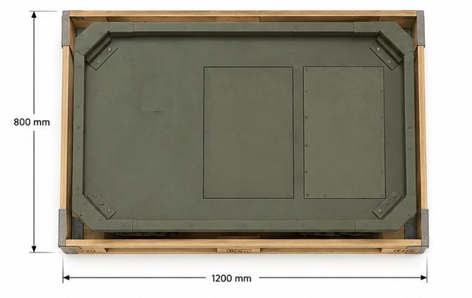 Top view of a TALOS UGV in its EUR-pallet crate, 1200 by 800 mm