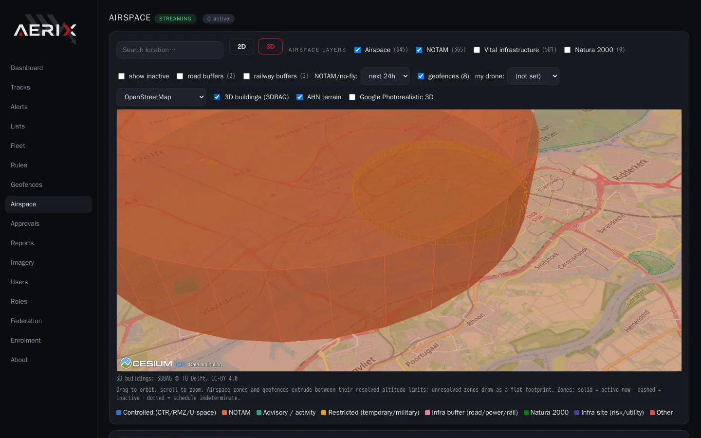 AERIX 3D scene with buildings and an airspace volume