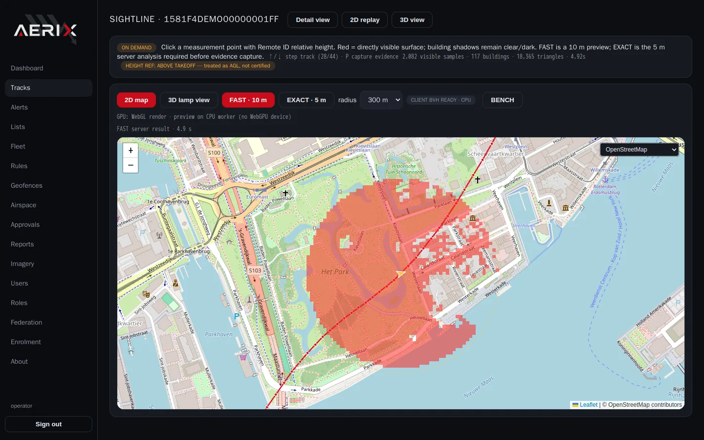 AERIX sightline analysis showing the area visible from the drone's position