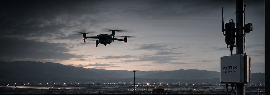 A drone at dusk passing an AERIX detection node on a mast