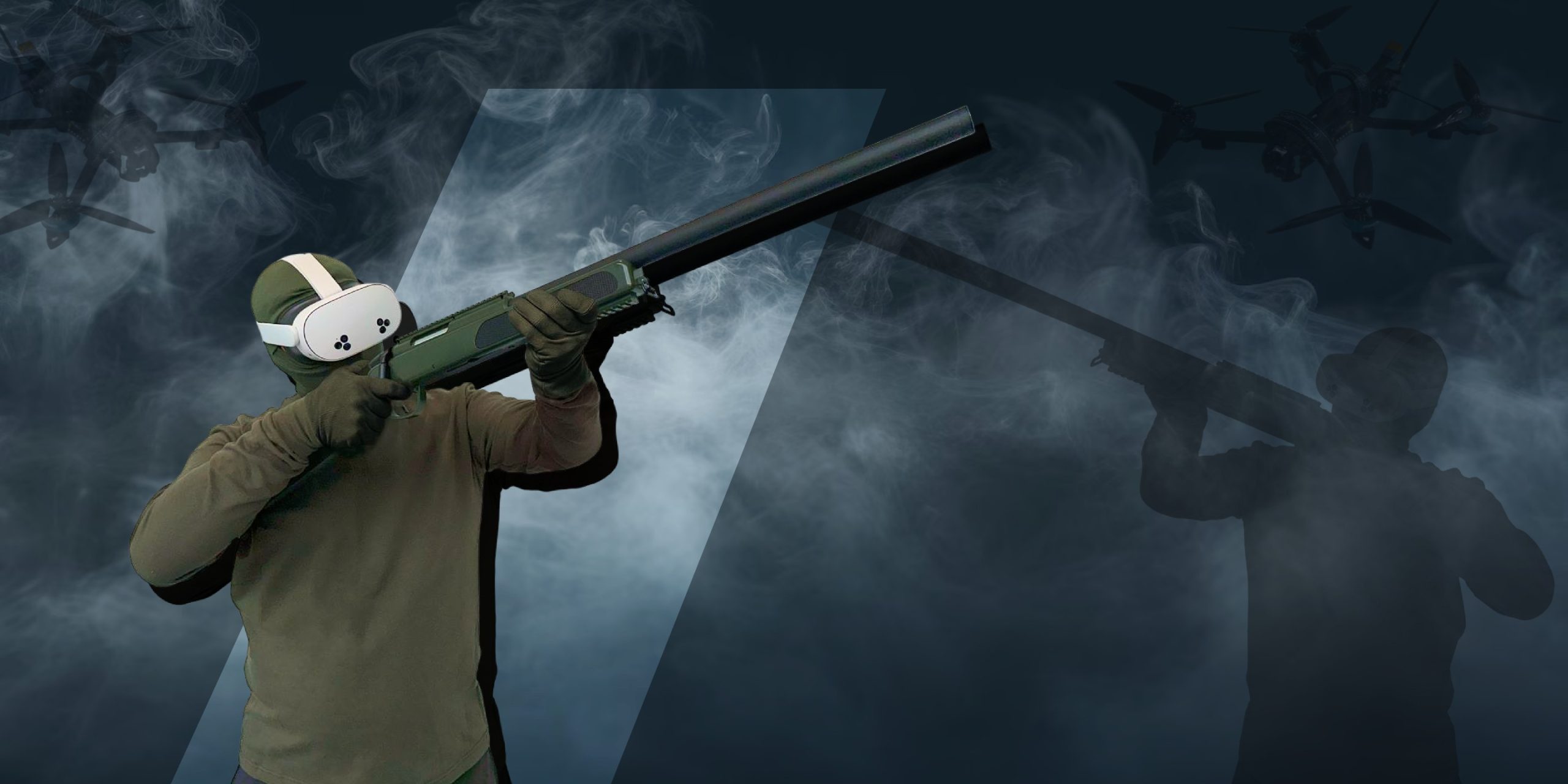 Soldier with VR headset aiming a training shotgun at FPV drones