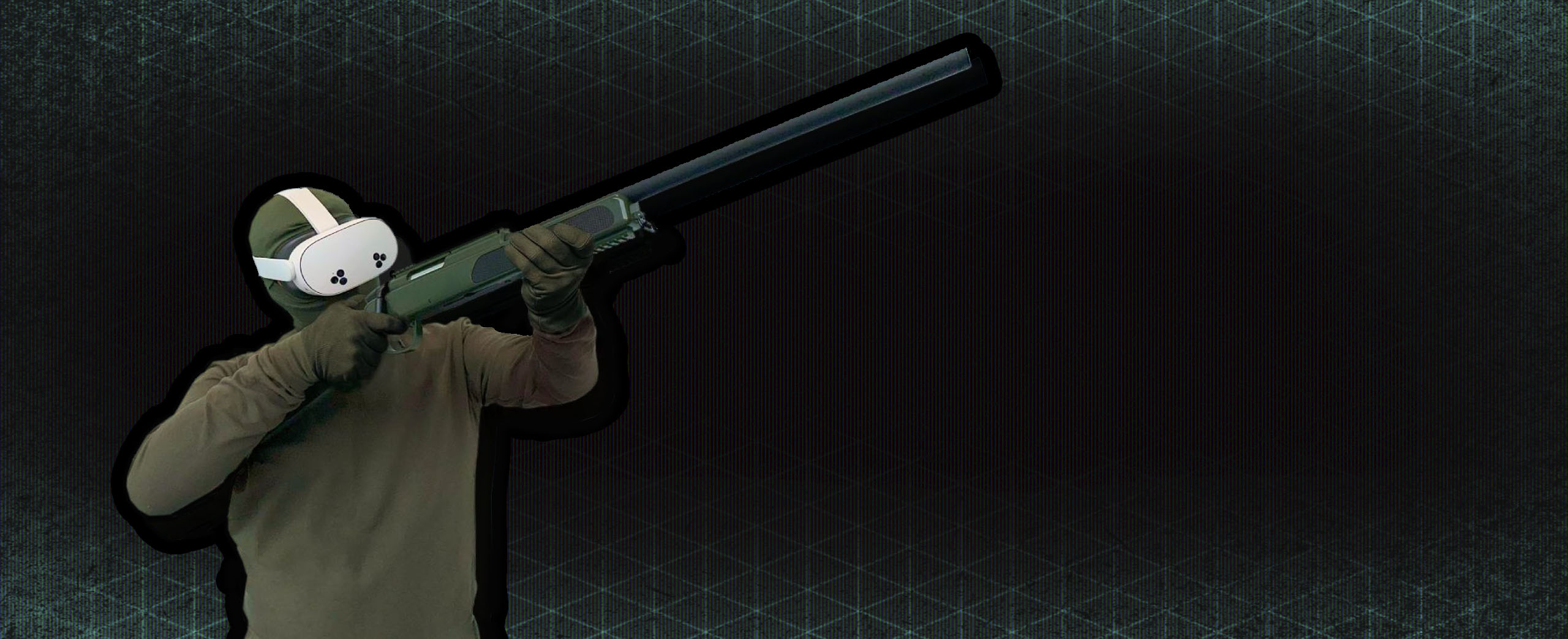 Shooter with VR headset and training shotgun in the aiming position