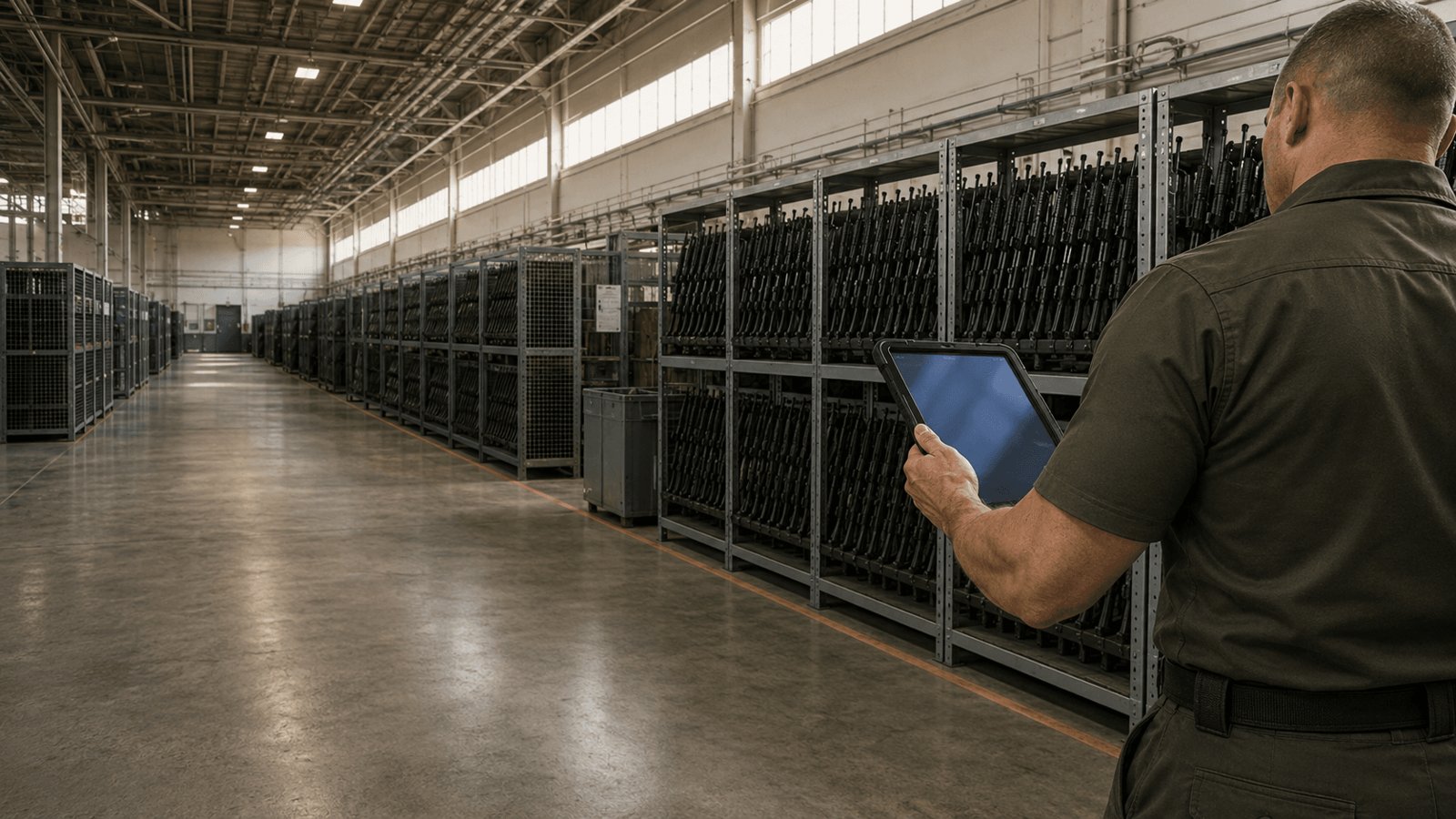 Armourer with a tablet in front of weapon racks in a large armoury