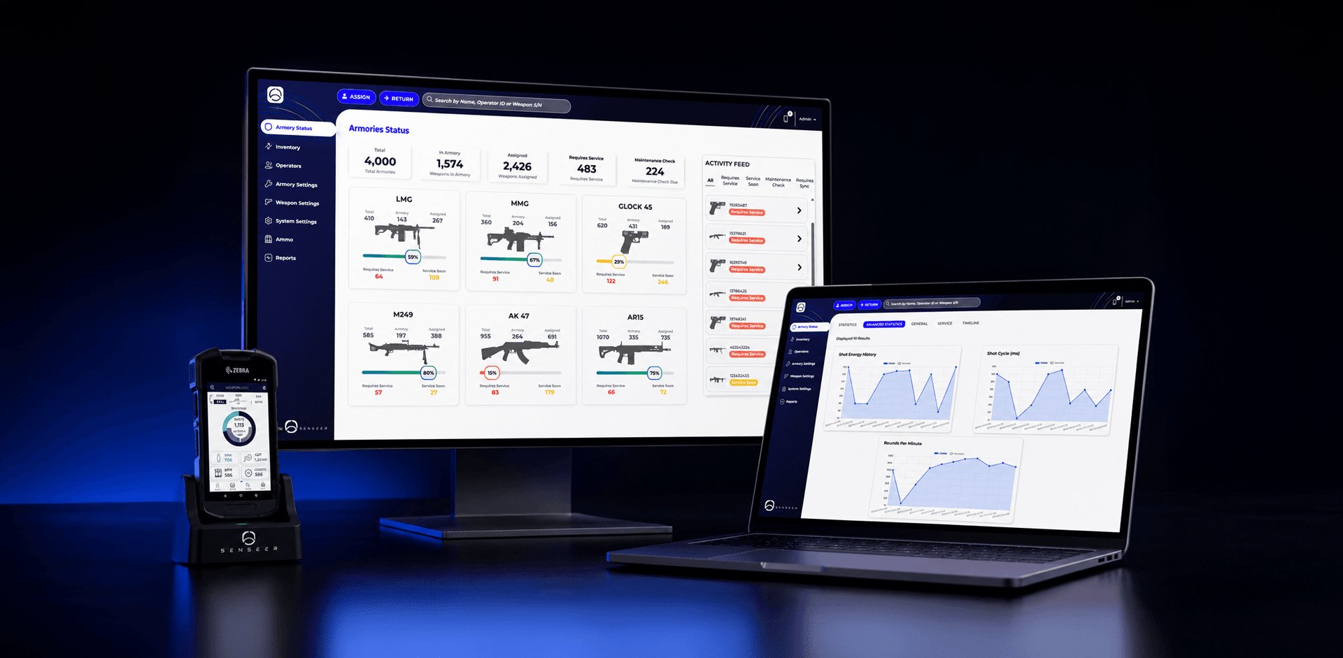 Senseer weapon management software on a monitor, laptop and handheld reader