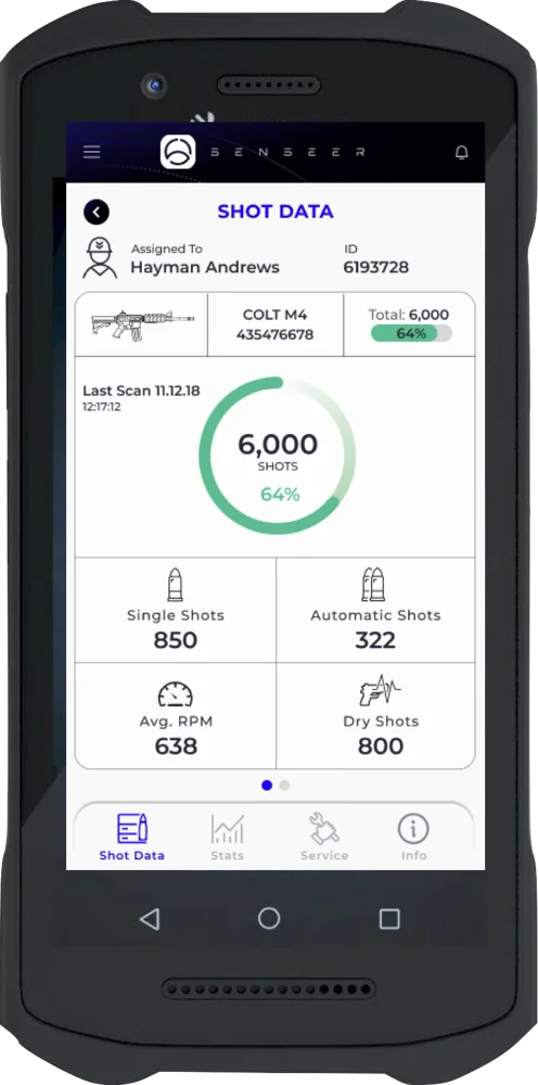 Handheld NFC reader showing the shot data of one weapon