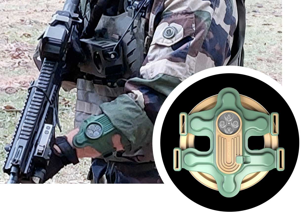 TrekAce CORE sleeve worn on the forearm, with a close-up of the haptic unit