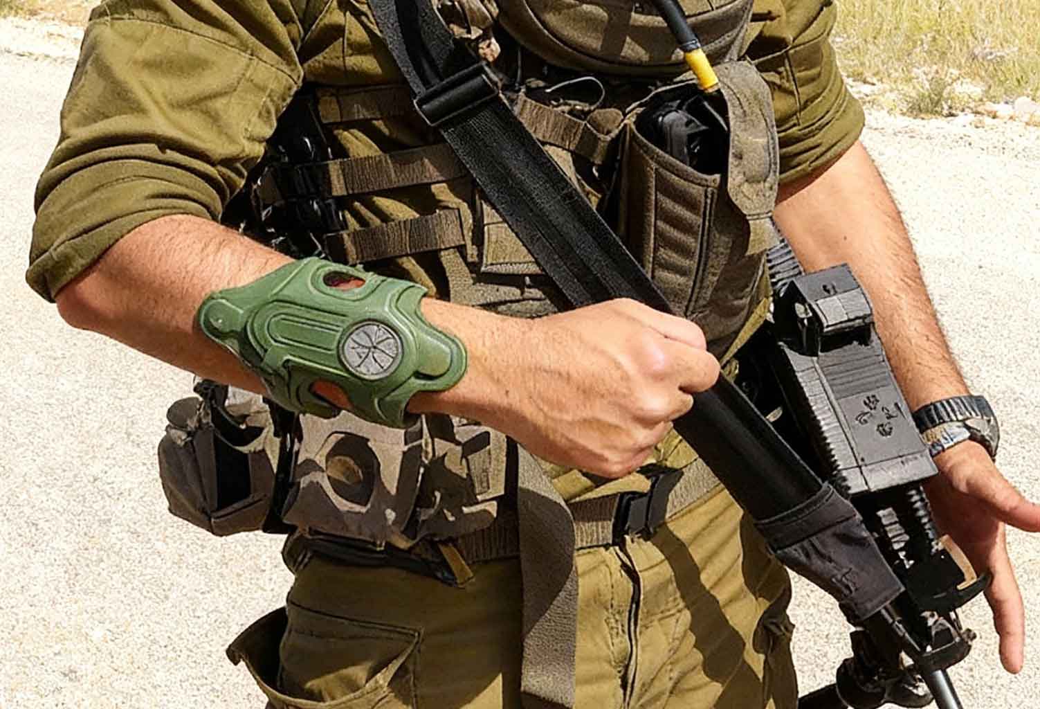 Soldier wearing the TrekAce CORE haptic sleeve on the forearm