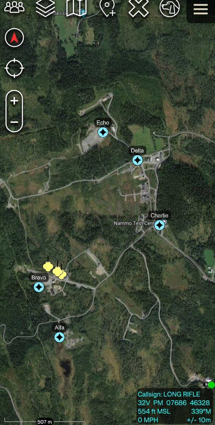 ATAK map with Triangula sensors Alfa to Echo at the Nammo Test Center, gunshot markers appearing near sensor Bravo