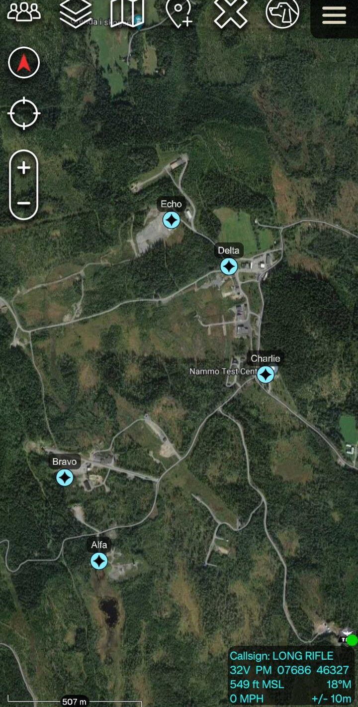 ATAK map with Triangula sensors Alfa to Echo at the Nammo Test Center before the shots