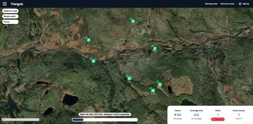 Triangula Commander replay mode showing gunshots appearing with timestamps in open terrain