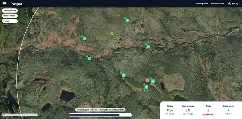 Triangula Commander replay mode with seven scouts placed along a river valley and a first gunshot marked