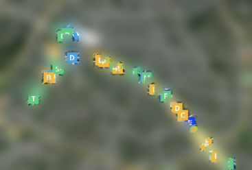 Chain of Triangula sensors across a city during the event; the map background is blurred