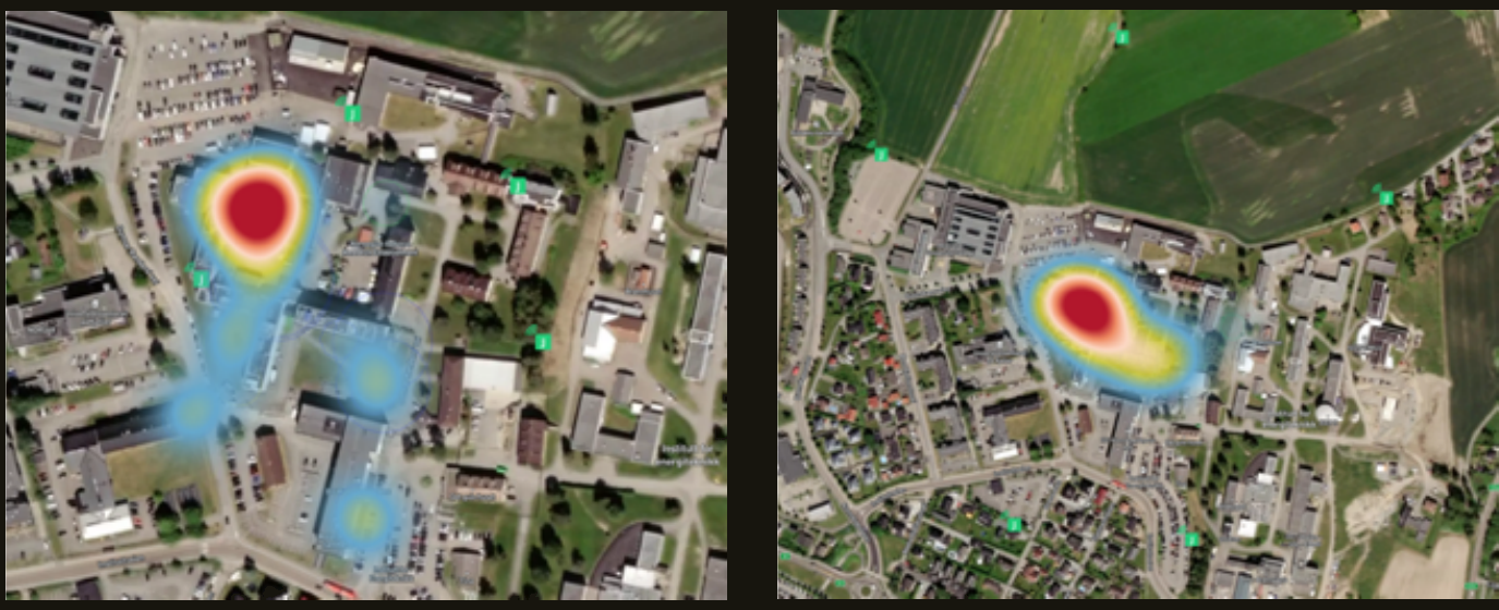 Two aerial heatmaps of the FFI premises at Kjeller showing Triangula detections for setup A and setup B