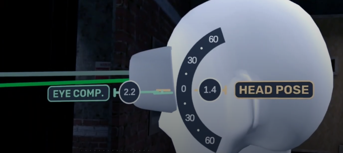 VCAT 3D shot analysis showing head pose and eye compensation values